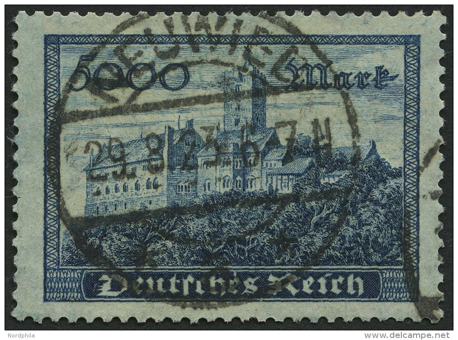 Dt. Reich 261b O, 1923, 5000 M. Dunkelgr&uuml;nlichblau, &uuml;blich Gez&auml;hnt Pracht, Gepr. Infla, Mi. 100.- - Usados