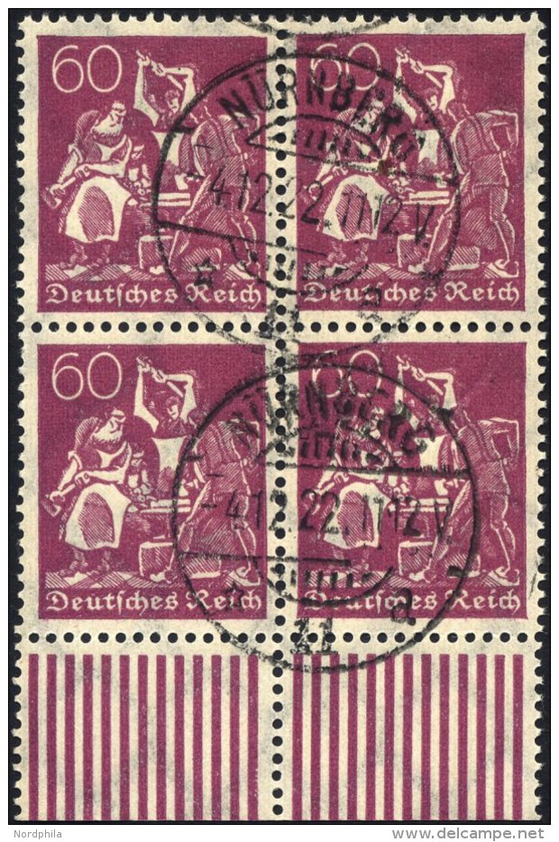 Dt. Reich 184 VB O, 1922, 60 Pf. Schw&auml;rzlichrosalila, Wz. 2, Im Viererblock Vom Unterrand, Pracht, Gepr. Infla - Usados