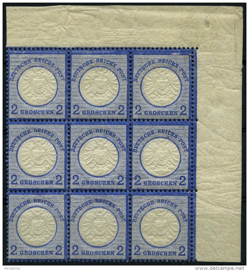 Dt. Reich 20 **, 1872, 2 Gr. Ultramarin Im Postfrischen Neunerblock Aus Der Rechten Oberen Bogenecke, Dabei Die Plattenf - Gebraucht