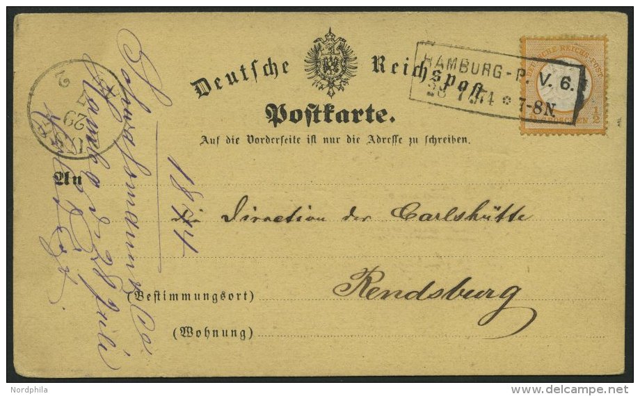 Dt. Reich 18 BRIEF, 1874, 1/2 Gr. Orange Auf Postkarte Mit R2 HAMBURG-P.V.6, Nach Rendsburg, Feinst - Usados