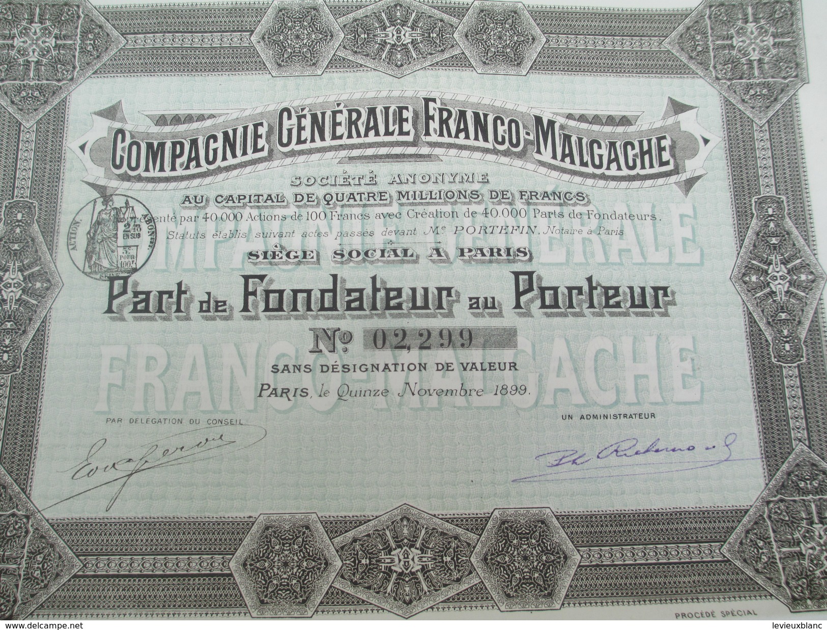 Compagnie Générale Franco-Malgache / Part De Fondateur Au Porteur/ Paris/1899        ACT120 - Afrique