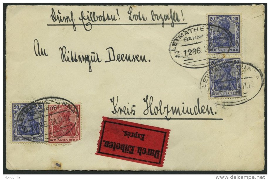 BAHNPOST Letmathen-Unna (Zug 1286) Auf Eilbrief-Vorderseite Mit 10 Und 3x 20 Pf. Germania Von 1919, Feinst - Máquinas Franqueo (EMA)