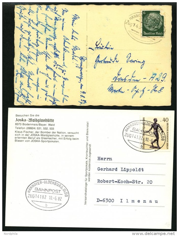 BAHNPOST Hannover-Oldenburg (Zug 149,14182 (3x) Und 3145), 1937-1993, 5 Belege Pracht, Dazu Beutelfahne Und Ortsbund, Pr - Maschinenstempel (EMA)