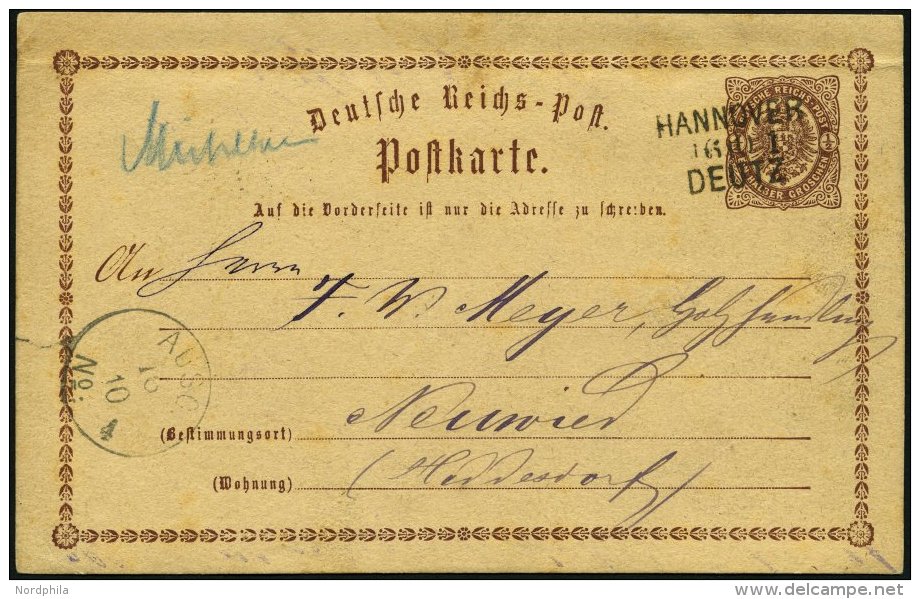 BAHNPOST DR P 1 BRIEF, Hannover-Deutz, L3 Und Handschriftlich M&Uuml;HLHEIM Auf 1/2 Gr. Ganzsachenkarte Von 1875, Feinst - Máquinas Franqueo (EMA)