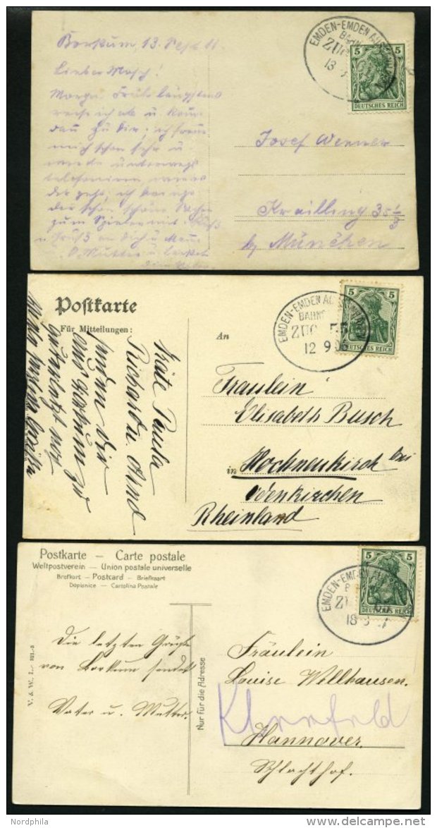 BAHNPOST Emden-Emden Au&szlig;enhafen (Zug 55,61 Und 3x 65), 1906-1909, 5 Karten Feinst/Pracht - Maschinenstempel (EMA)