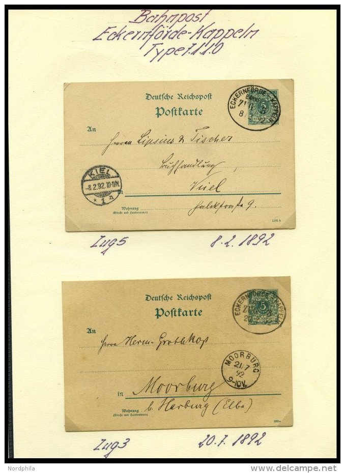 BAHNPOST Eckernf&ouml;rde-Kappeln (Zug 5 Und 7 (2x)), 1892-1933, 6 Karten, Dazu 2 Eilfrachtbriefe F&uuml;r Ger&auml;uche - Maschinenstempel (EMA)