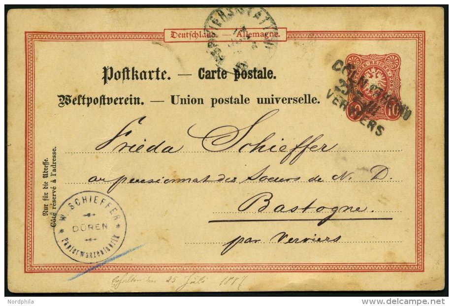 BAHNPOST DR P 14 BRIEF, C&ouml;ln-Verriers, L3 Und Firmenstempel D&Uuml;REN Auf 10 Pf. Ganzsachenkarte Von 1887, Feinst - Máquinas Franqueo (EMA)