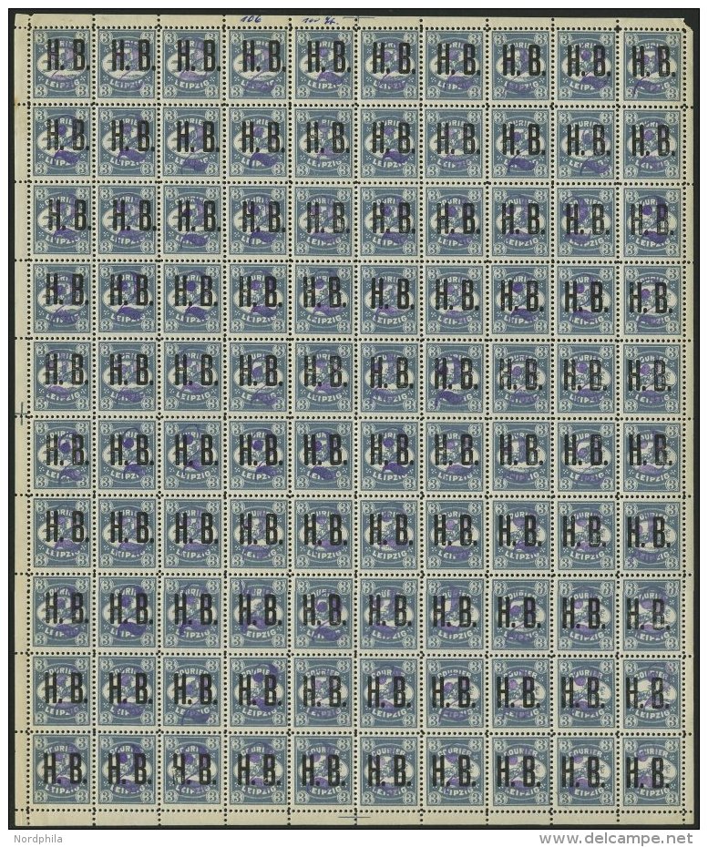 LEIPZIG E 12 **, 1893, 2 Auf 3 Pf. Graublau, Aufdruck Violett, Im Bogen (100), Pracht (Rand &uuml;ber Marken Beschriftet - Privatpost