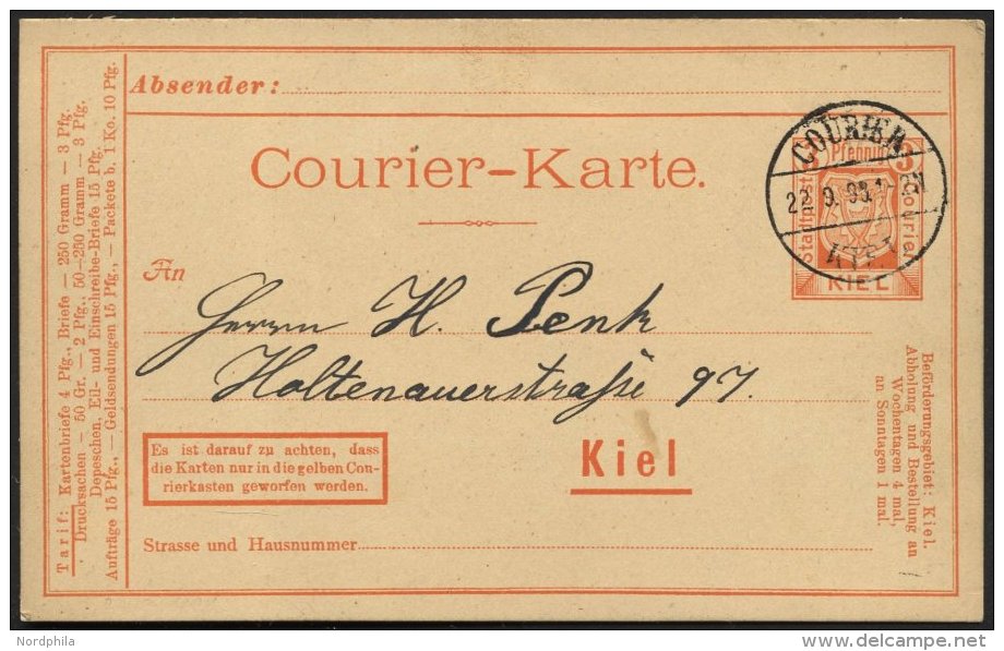 KIEL A P 18 BRIEF, COURIER: 1898, 3 Pf. Orangerot, Depeschen, Mit Datumsbr&uuml;ckenstempel COURIER KIEL Auf Prachtkarte - Privatpost