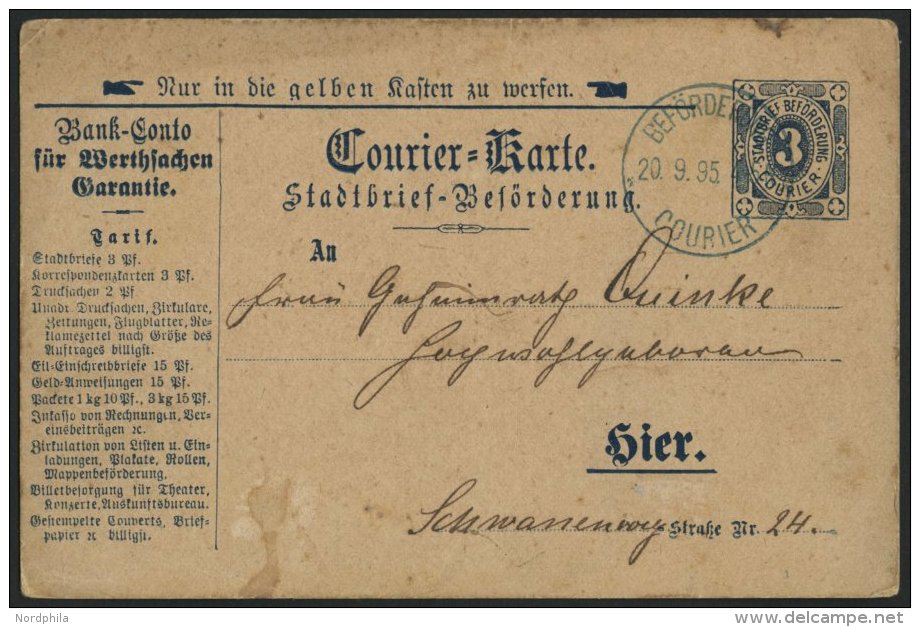 KIEL A P 1 BRIEF, COURIER: 1895, 3 Pf. Blau, Blauer Stempel 20.9.95, Etwas Fleckig Sonst Pracht - Correos Privados & Locales