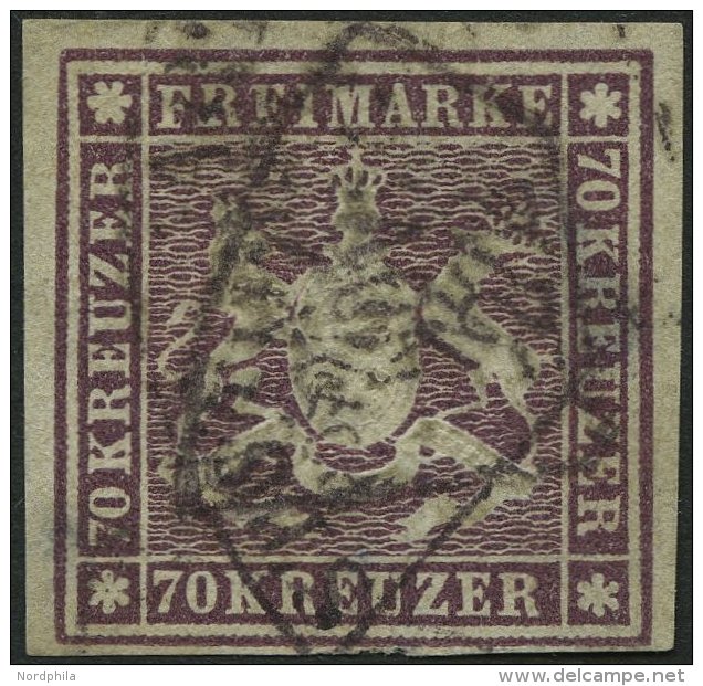 W&Uuml;RTTEMBERG 42a O, 1873, 70 Kr. Braunlila, Unten Schmal Sonst Vollrandig, Zwei Helle Stellen Sonst Pracht, Gepr. Pf - Sonstige & Ohne Zuordnung