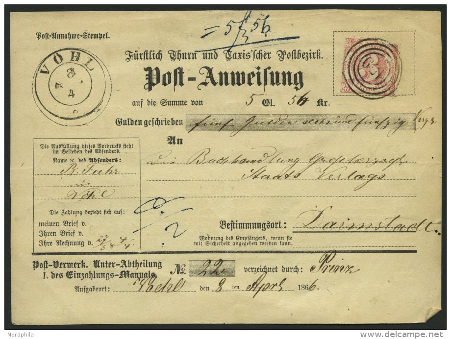 THURN Und TAXIS 42 BRIEF, 1865, 3 Kr. Karminrot Auf Postanweisung, Marke Oben Rechts Defekt Sonst Prachtkarte - Sonstige & Ohne Zuordnung