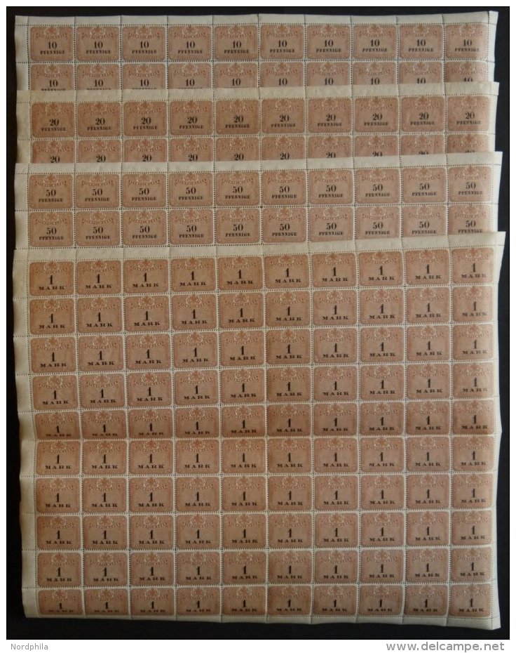 SACHSEN **, 1910, 10 Pf. - 100 Mk. Stempelmarken, Wz. Treppen, 9 Werte, Je Im Bogen (100) Postfrisch, Einige Wellig, R&a - Saxe