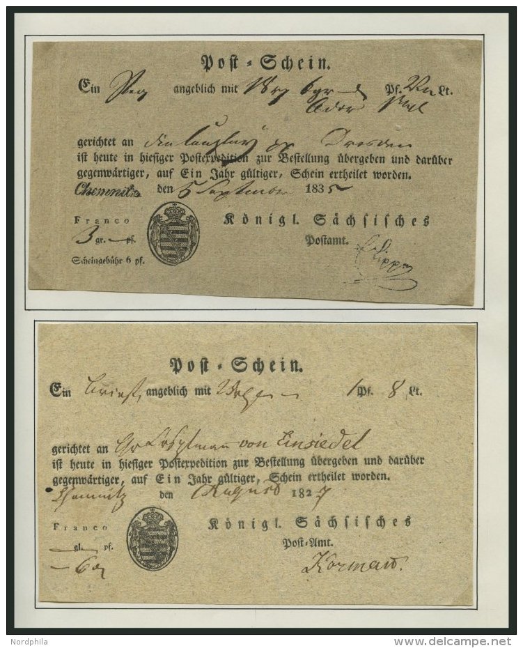 SACHSEN 1827-1866, Kleine Sammlung Von 10 Postscheinen Und Einer Postanweisung, Pracht - Precursores