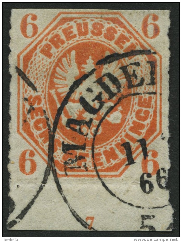 PREUSSEN 15a O, 1861, 6 Pf. Orange, Unterrandst&uuml;ck Mit Nr. 7, Oben Scherentrennung Sonst Pracht - Otros & Sin Clasificación