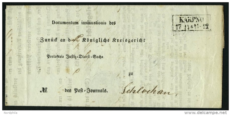 PREUSSEN KARPNO, R2 Auf Insinuations-Dokument (1856) Nach Schlochau, Innen Mit Seltenem Krone-Posthorn-Stempel KARPNO, P - Otros & Sin Clasificación