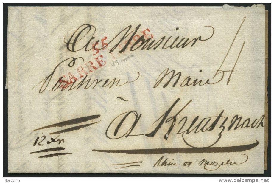 PREUSSEN 1815, 55 SARRE LIBRE, Roter L2, Brief Mit 12 Kr. Taxe Nach Kreutznach, Feinst - Precursores