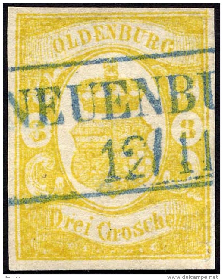 OLDENBURG 14 O, 1861, 3 Gr. Graugelb, Blauer R2 NEUENBURG!, 2 Kleine R&uuml;ckseitige Aufhellungen, Bildseitig Kabinett, - Oldenburg