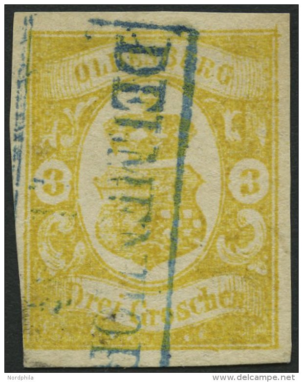 OLDENBURG 14 O, 1861, 3 Gr. Graugelb, Blauer R2 DELMENHORST, Untere Linke Ecke Lupenrandig Sonst Vollrandig Pracht, Sign - Oldenburg