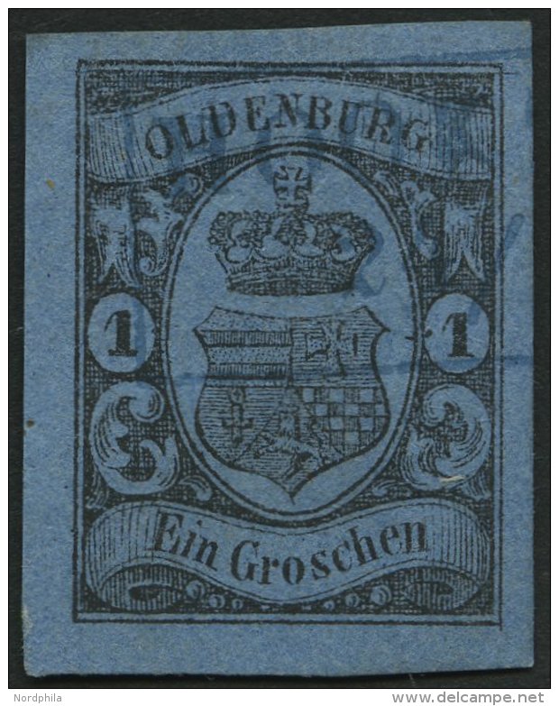 OLDENBURG 6a O, 1859, 1 Gr. Schwarz Auf Hellblau, Blauer R2 HOOKS(IEL), Breitrandig, Pracht, Mi. (60.-) - Oldenburg