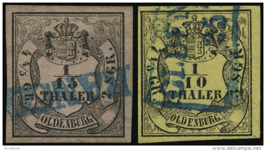 OLDENBURG 3I,4a O, 1852, 1/15 Th. Schwarz Auf Mattbr&auml;unlichrot, Type I Und 1/10 Th. Schwarz Auf Hellgelb, 2 Voll-br - Oldenbourg