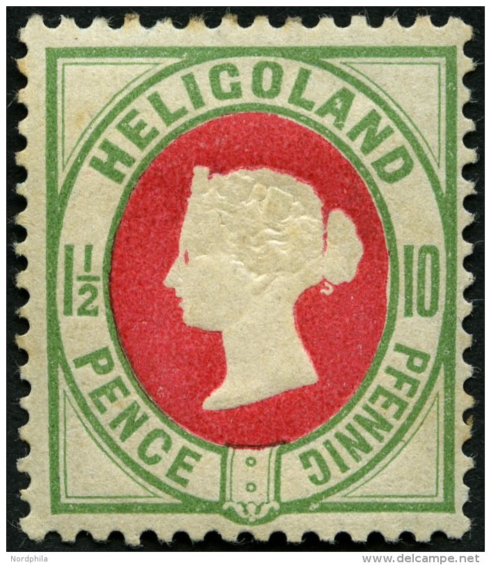 HELGOLAND 14d *, 1889, 10 Pf. Hellgr&uuml;n/rot, Falzreste, Feinst, Mi. 180.- - Helgoland