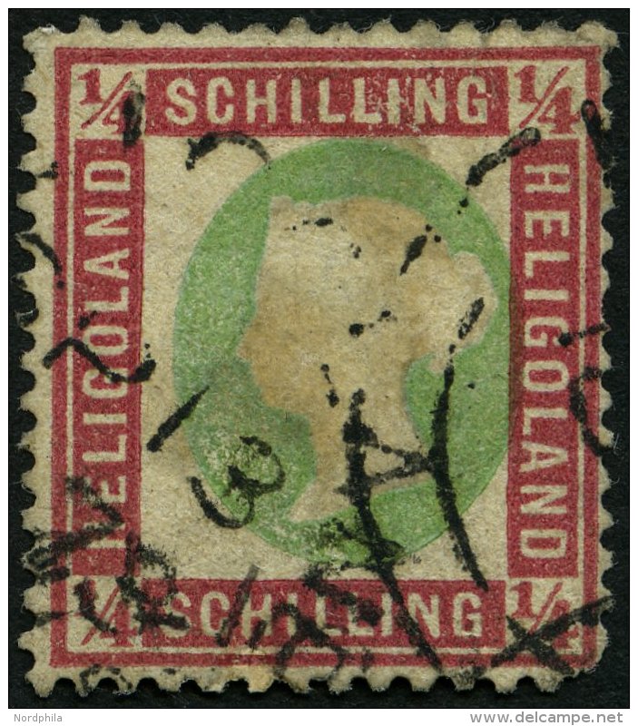 HELGOLAND 8a O, 1873, 1/4 S. Dunkelrotkarmin/lebhaftgelblichgr&uuml;n Mit Rundstempel (25% Aufschlag!), Stark Repariert, - Héligoland