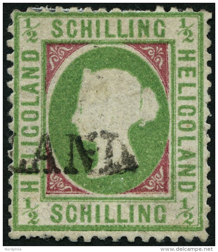 HELGOLAND 6b *, 1870, 1/2 S. Mittelbl&auml;ulichgr&uuml;n/karmin, L1, Repariert, Fein, Gepr. Schulz, Mi. 320.- - Helgoland