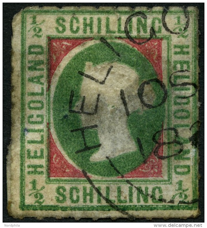 HELGOLAND 1II O, 1867, 1/2 S. Bl&auml;ulichgr&uuml;n/r&ouml;tlichkarmin, Type II, Rundstempel, Starke M&auml;ngel, Fein, - Helgoland