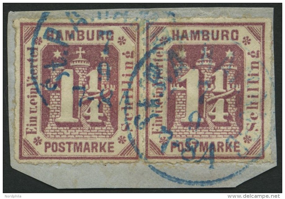 HAMBURG 20a Paar BrfStk, 1866, 11/4 S. Dunkelbraunviolett Im Waagerechten Paar, Blauer K1, Prachtbriefst&uuml;ck - Hamburg