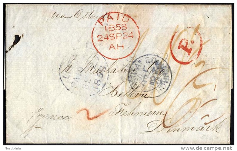HAMBURG - GRENZ&Uuml;BERGANGSSTEMPEL 1858, Rotes P Auf Brief Von Leith (K1) Nach Fehmarn, Paid-Stempel Und Durchgangsste - Precursores