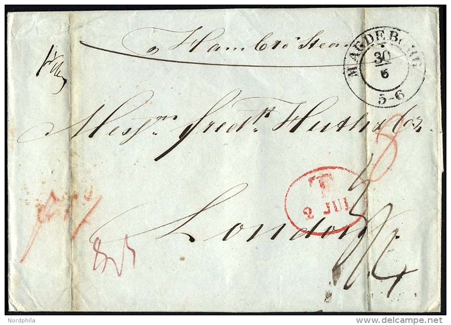 HAMBURG 1844, T 2 JUL, Rote Sonderform Auf Brief Von Magdeburg (K2) Per HAMBURG STEAMER Nach London, R&uuml;ckseitig Kle - Vorphilatelie