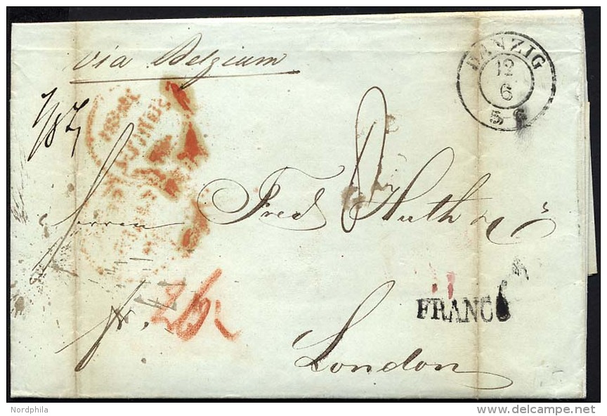 HAMBURG - GRENZ&Uuml;BERGANGSSTEMPEL 1843, FRANCO, Schwarzer L1 Auf Brief Von DANZIG (K2) Via Belgium Nach London, L1 FR - Precursores