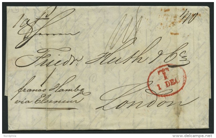 HAMBURG - GRENZ&Uuml;BERGANGSSTEMPEL 1843, T 1 DEC, In Rot Auf Brief Von G&ouml;theborg (r&uuml;ckseitig R3) Nach London - Vorphilatelie