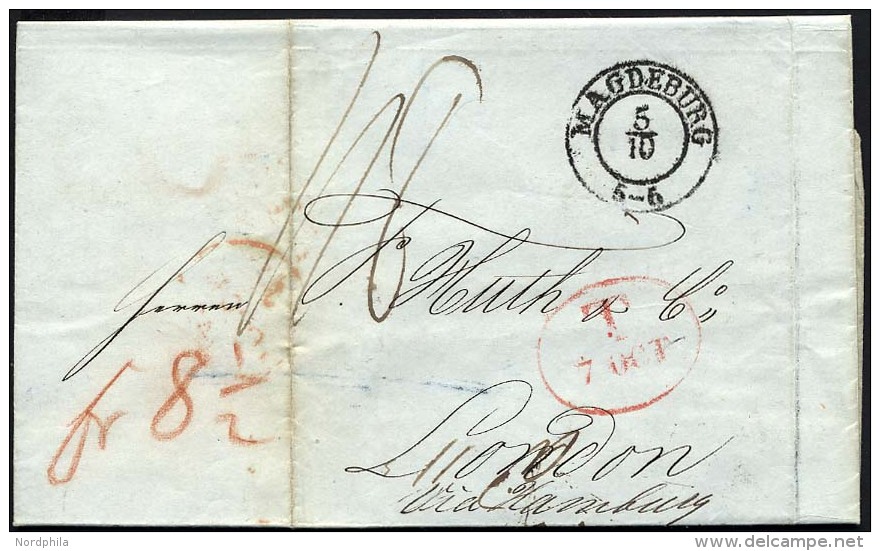 HAMBURG 1842, T 7 OCT, Rote Sonderform Auf Brief Von Magdeburg (K2) Via Hamburg Nach London, R&uuml;ckseitiger Durchgang - Vorphilatelie
