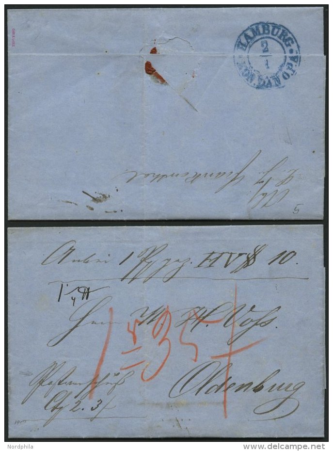 HAMBURG 1859, HAMBURG KON.DAN.O.P.A, Blauer K2 R&uuml;ckseitig Auf Begleitbrief Nach Oldenburg, Diverse Taxvermerke, Dek - Prephilately