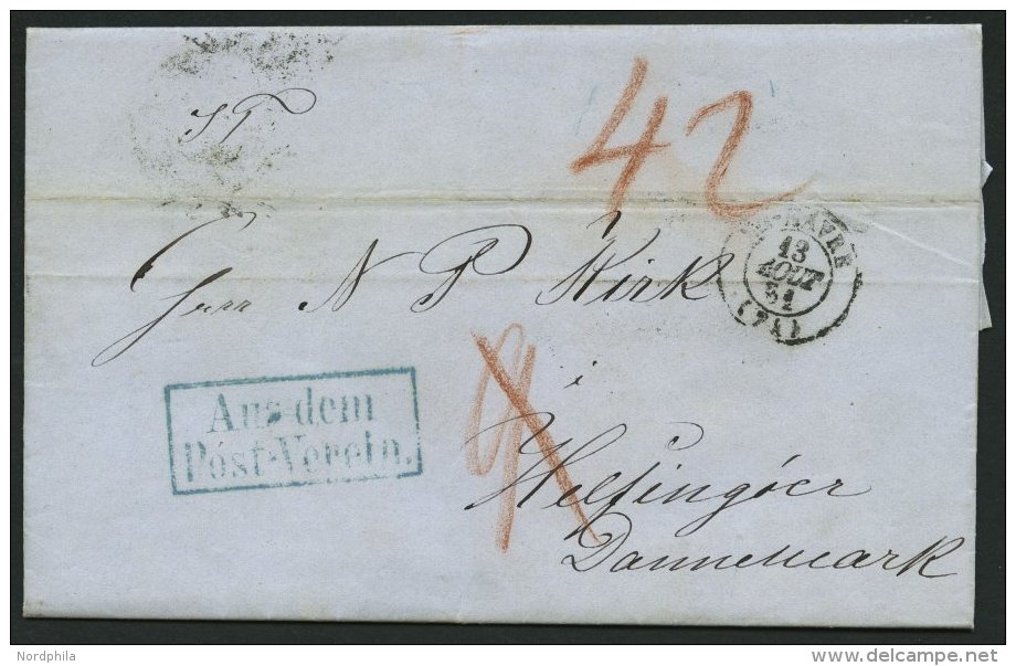 HAMBURG 1857, AUS DEM POST-VEREIN, Blauer R2 Auf Brief Von Havre (K2) Nach Helsingfors/D&auml;nemark, R&uuml;ckseitig Di - Vorphilatelie