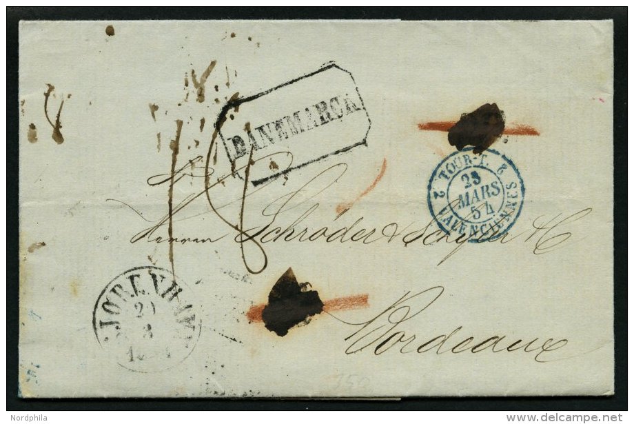 HAMBURG - THURN UND TAXISCHES O.P.A. 1854, DANEMARCK, Achteckstempel Auf Brief Von Copenhagen (K1) Nach Bordeaux, Pracht - Vorphilatelie