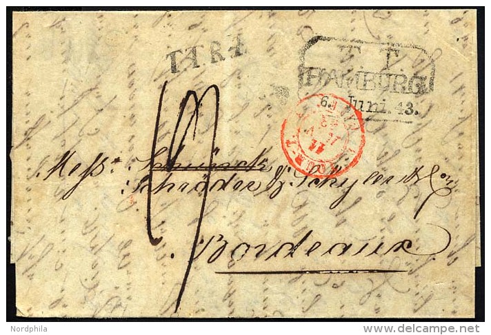 HAMBURG - THURN UND TAXISCHES O.P.A. 1843, T.T. HAMBURG, R3 Auf Forwarded-Letter Von Riga Nach Bordeaux, L1 T.T.R.4 Und - Precursores