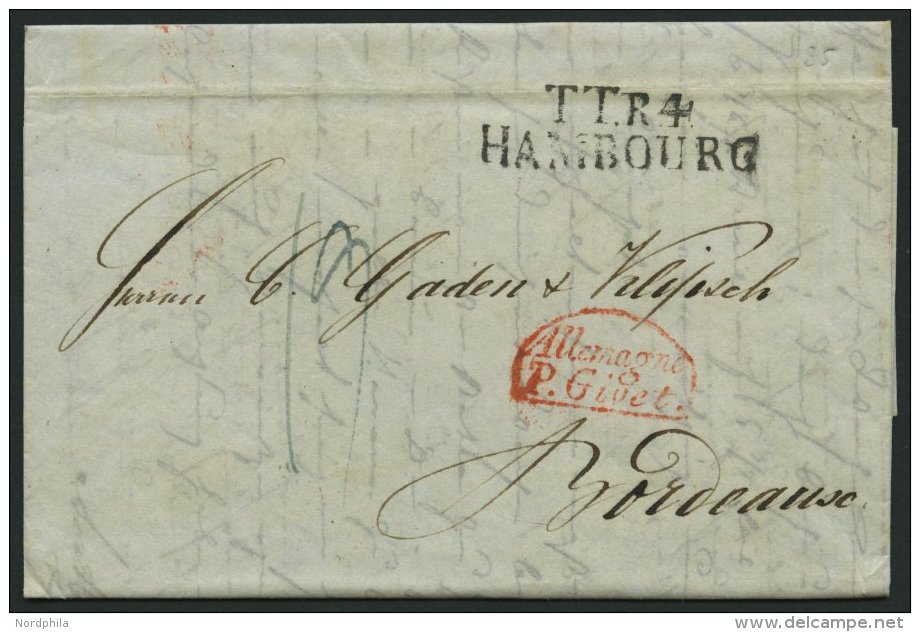 HAMBURG - THURN UND TAXISCHES O.P.A. 1835, TT.R.4 HAMBOURG, L2 Auf Brief Nach Bordeaux, Transitstempel ALLEMAGNE P. GIVE - Vorphilatelie