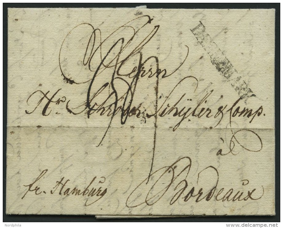 HAMBURG VORPHILA 1791, DAENNEMARK, L1 Auf Brief Von Flensburg Nach Bordeaux, Handschriftlich Fr. Hamburg, Pracht - Vorphilatelie