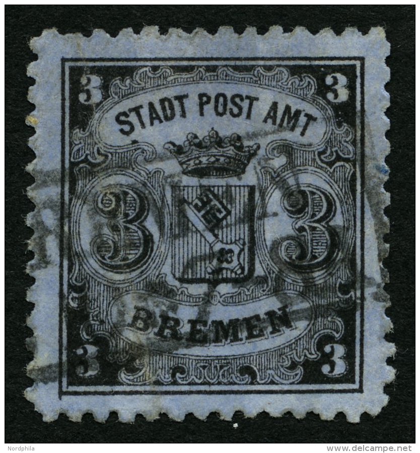 BREMEN 11 O, 1867, 3 Gr. Schwarz Auf Blaugrau, Kleine M&auml;ngel, Feinst, Gepr. Drahn Und Brettl, Mi. 380.- - Bremen