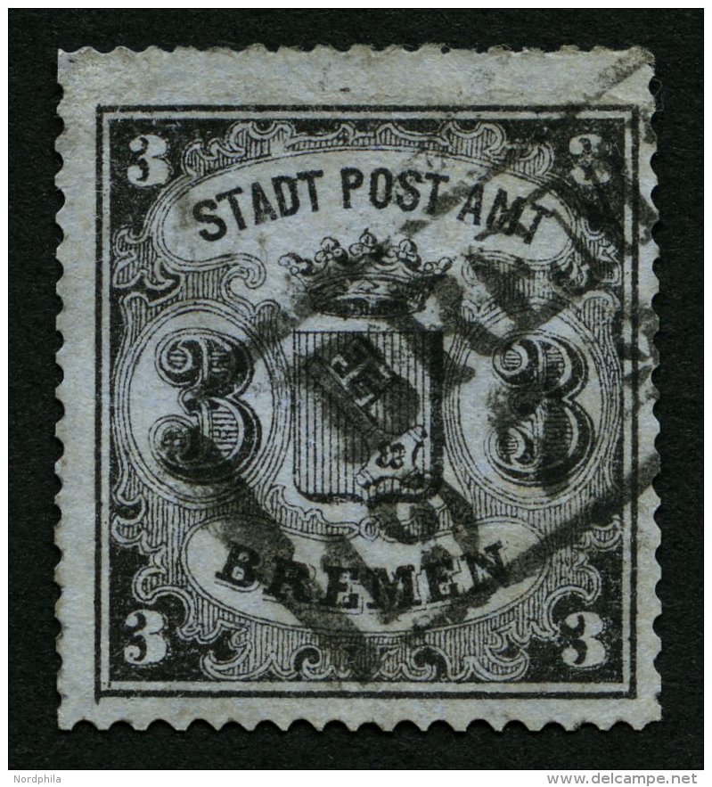 BREMEN 6x O, 1864, 3 Gr. Schwarz Auf Graublau, Senkrecht Gestreiftes Papier, Repariert, Bildseitig Pracht, Signiert, Mi. - Bremen