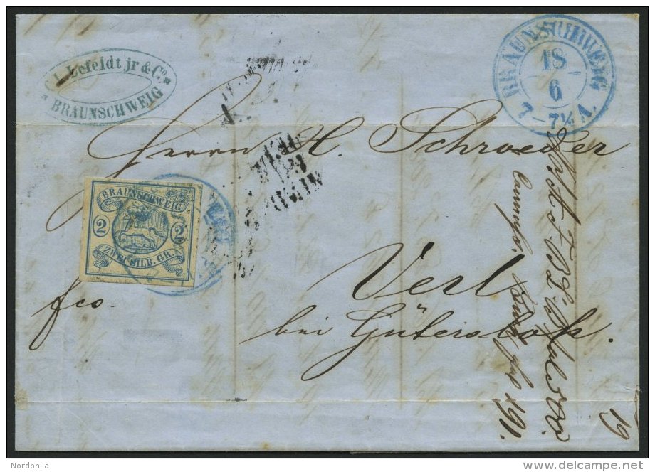 BRAUNSCHWEIG 2 BRIEF, 1852, 2 Sgr. Lebhaftpreu&szlig;ischblau Mit Blauem K2 BRAUNSCHWEIG, Breitrandiges Prachtst&uuml;ck - Braunschweig