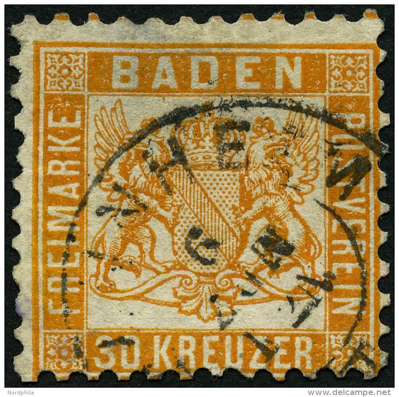 BADEN 22a O, 1862, 30 Kr. Lebhaftgelborange, Gro&szlig;e Falzhelle Stelle, Feinst, Signiert H. Krause, Mi. 3200.- - Other & Unclassified