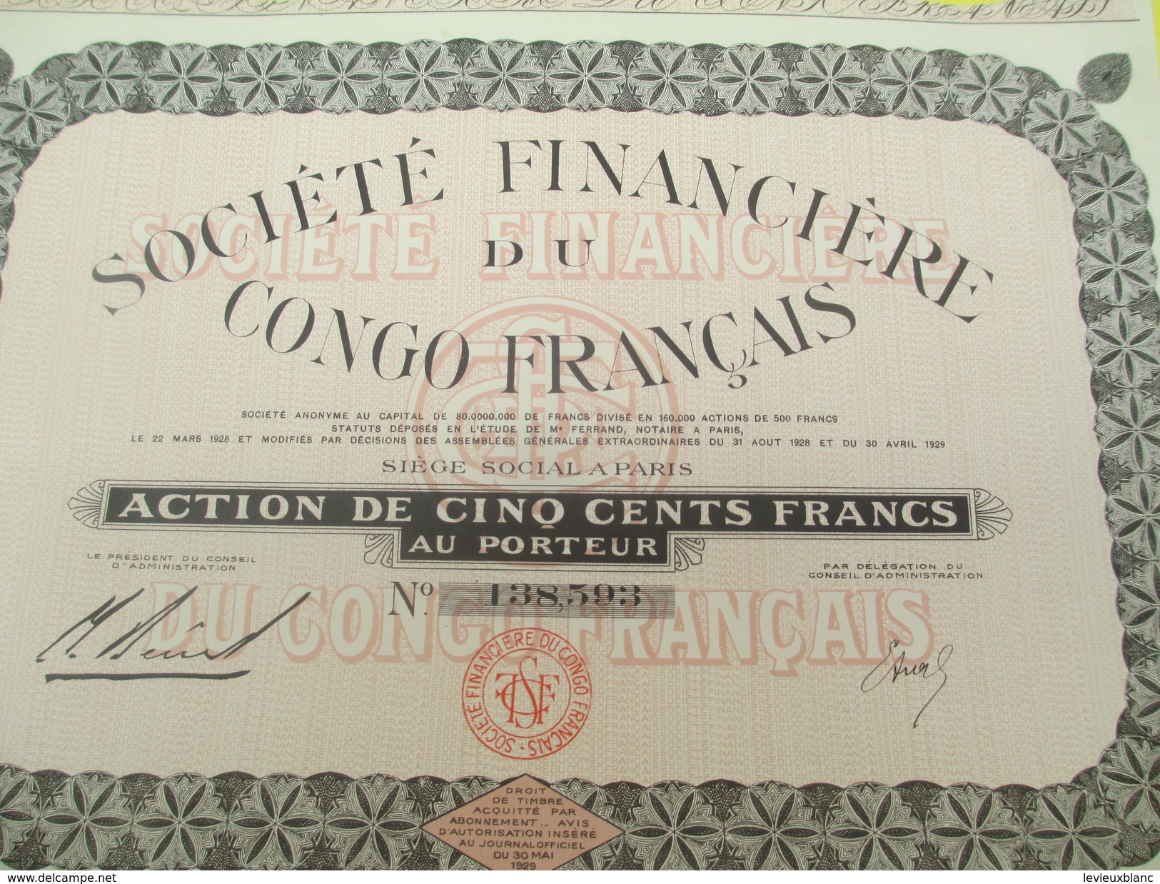 Société Financiére Du Congo Français/ Société Anonyme/Action De 500 Francs Au Porteur /Paris / /1929       ACT125 - Afrique