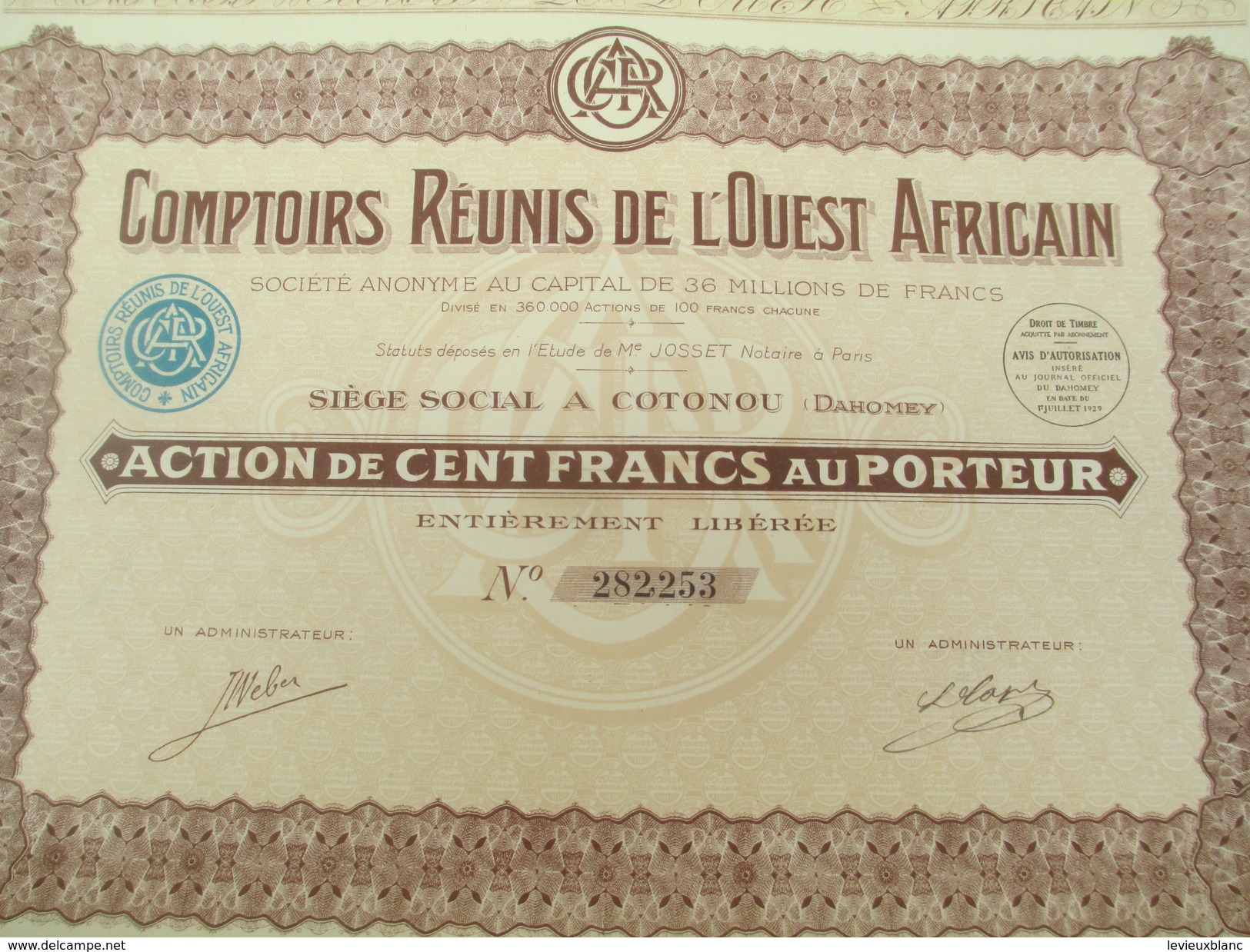 Comptoirs Réunis De L'Ouest Africain/Société Anonyme/Action De 100 Francs Au Porteur/Cotonou/Dahomey/1929       ACT128 - Afrique