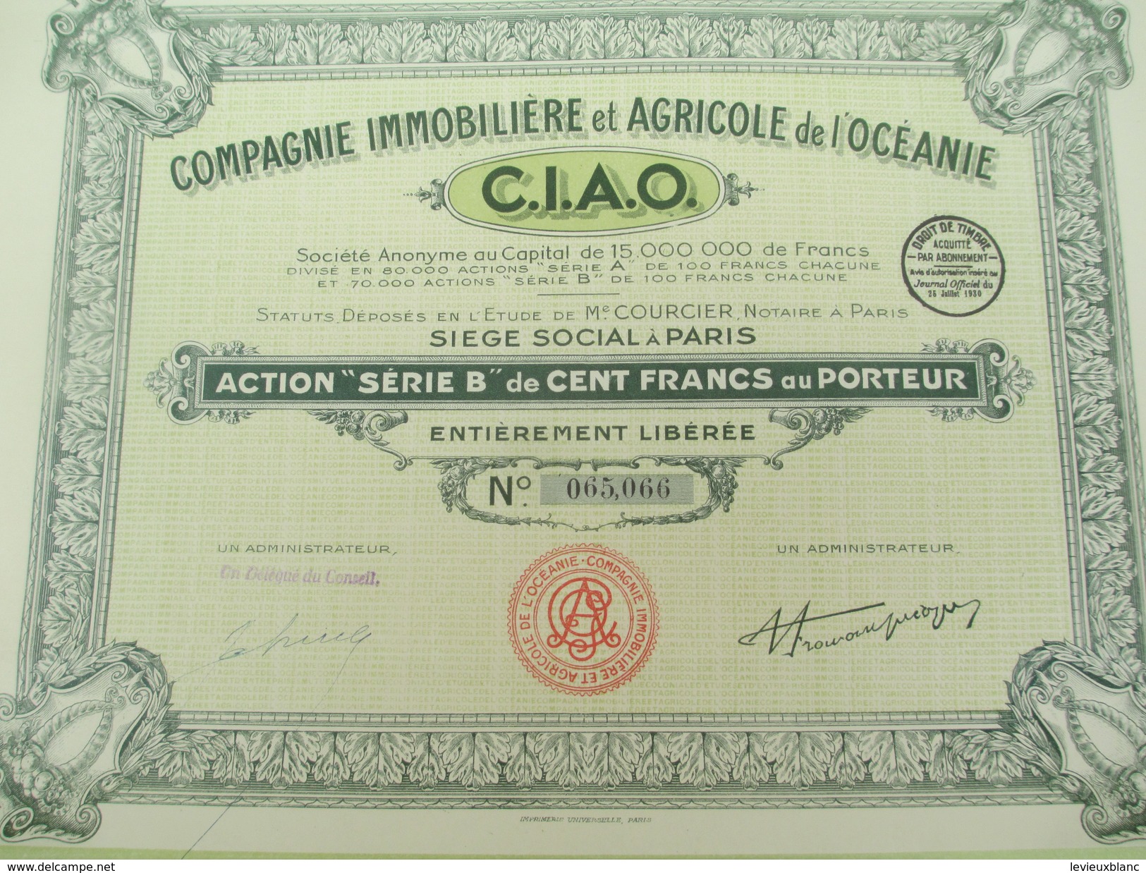 Compagnie Immobilière Et Agricole De L'Océanie/Société Anonyme/Action "sérieB" De 100 Francs Au Porteur/1930 ACT129 - Agricoltura