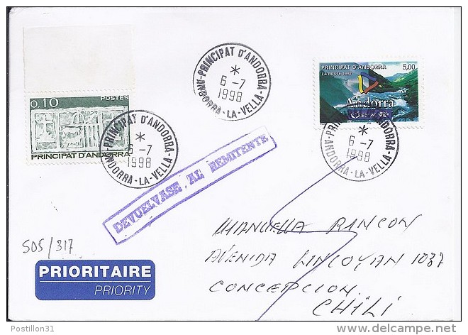 TP N°505 + 317  SUR LETTRE DU 6.7.98 POUR LE CHILI - Storia Postale