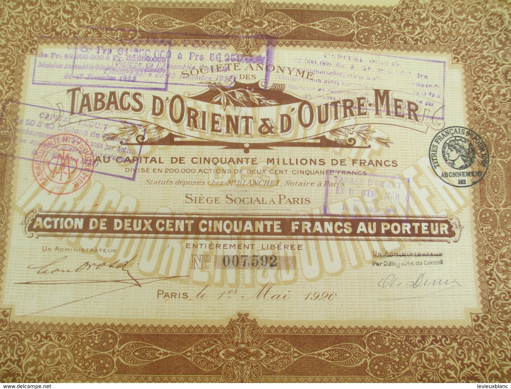 Tabacs D'Orient & D'Outre-Mer/Société Anonyme/Action  De 250 F Au Porteur/Paris/1920                     ACT133 - Agriculture